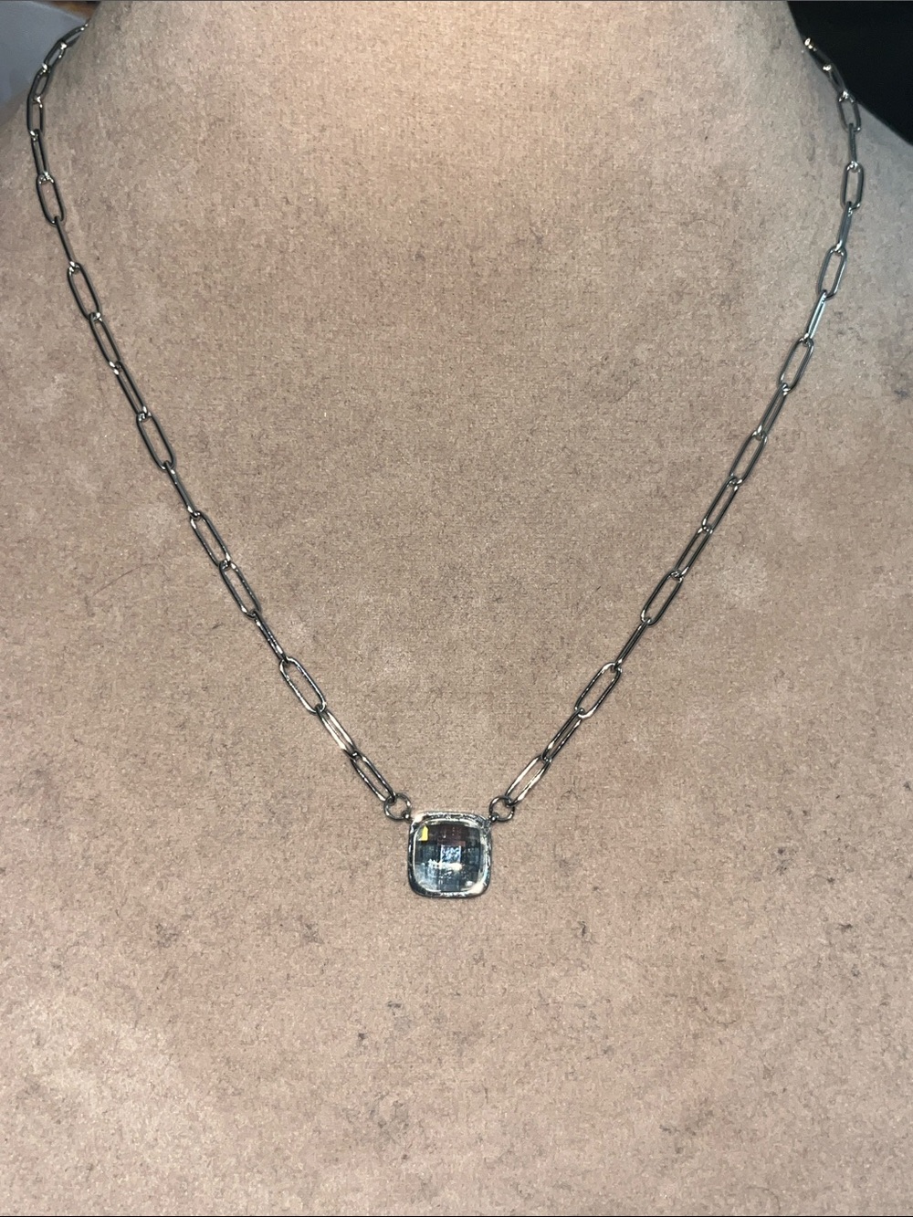 Silver tone  Chain Necklace with Clear Square Pendant NWT